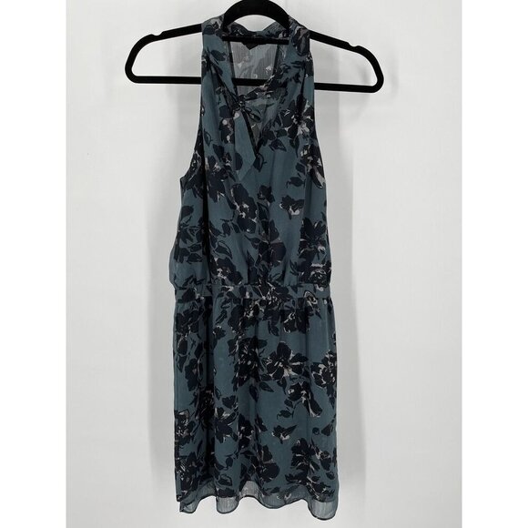 Banana Republic Ladies Keyhole Tie Neck Floral Dress Blue Black Sz 4 Sleeveless - Picture 1 of 10